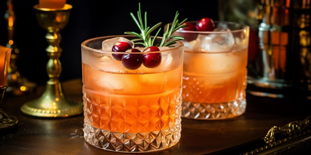 Editorial image of two Cranberry Bourbon cocktails on a table in a home lounge at Christmastime with festive decor