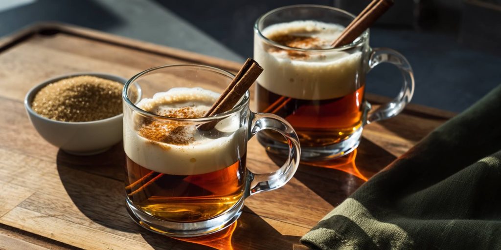 Two glass mugs of brown buttered hot rum on a wooden tray with cinnamon sticks and a small bowl of brown sugar