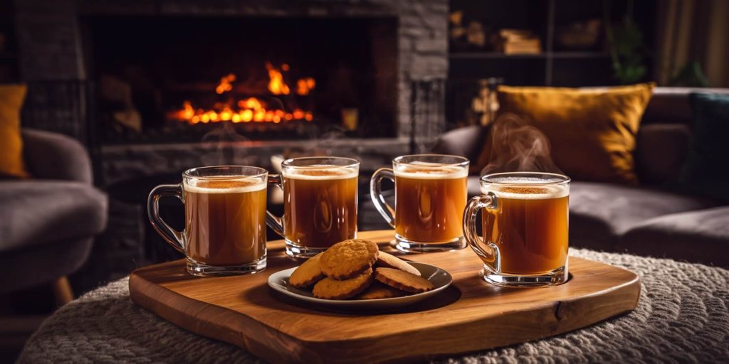 Four glass mugs of hot rum drinks set on a woven ottoman alongside a plate of biscuits in a lounge with a roaring fire in the fireplace in the background