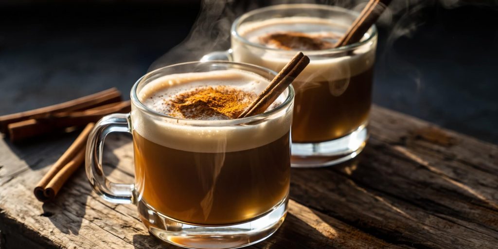 Two glass mugs of hot buttered rum with cinnamon stick garnishes