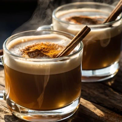 Two glass mugs of hot buttered rum with cinnamon stick garnishes