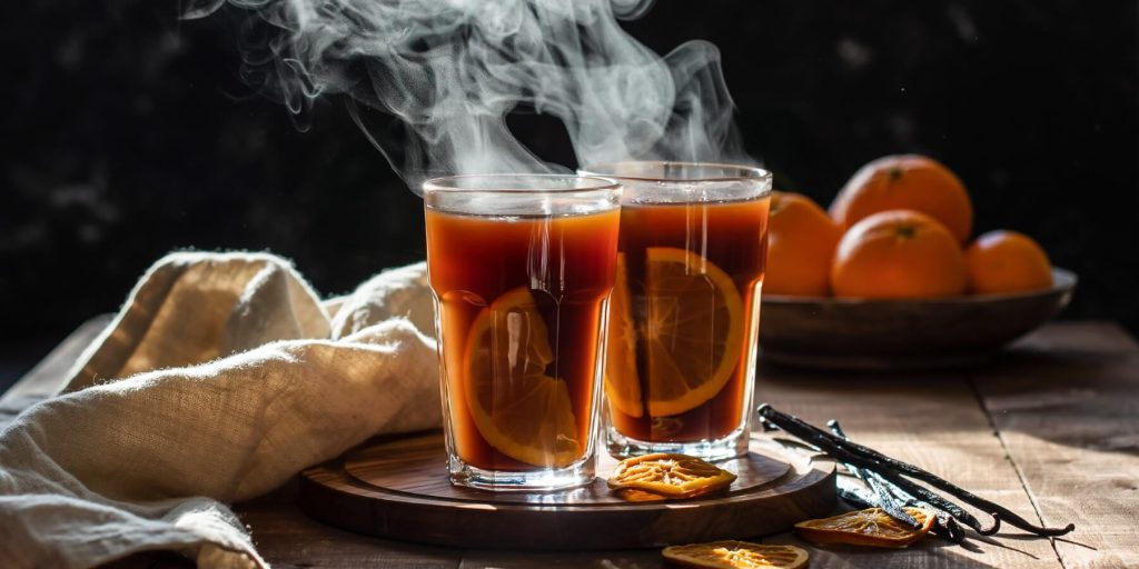 Two tumblers of Orange and Vanilla Hot Buttered Rum with orange slices on a round wooden tray
