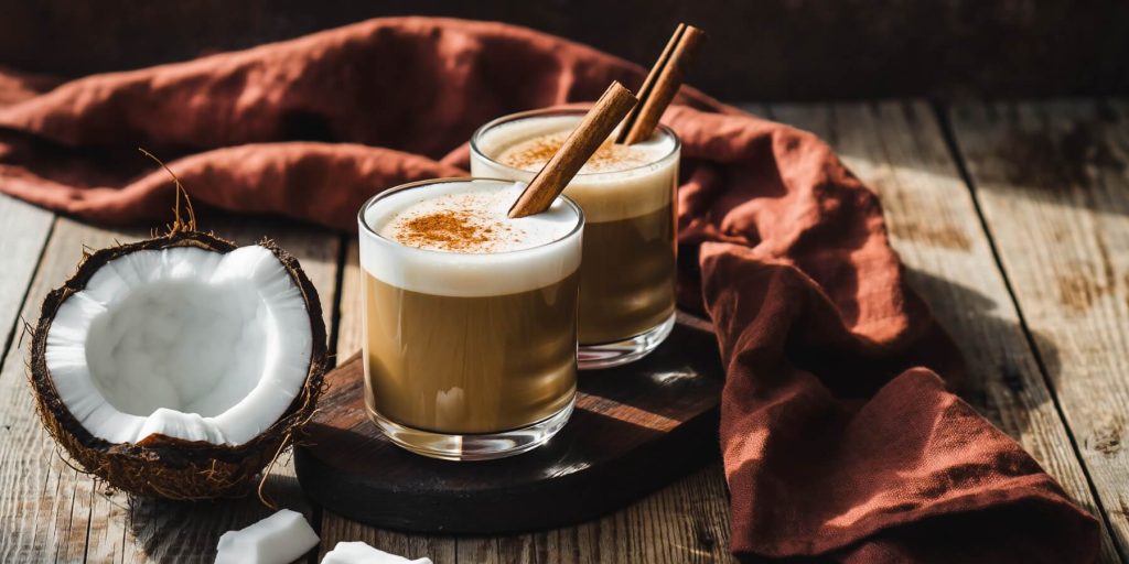 Two glasses of spiced coconut rum lattes with cinnamon sticks with an open coconut alongside them