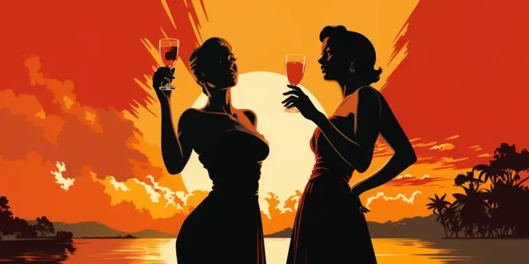 Illustration of two women enjoying drinks during aperitivo hour at sunset