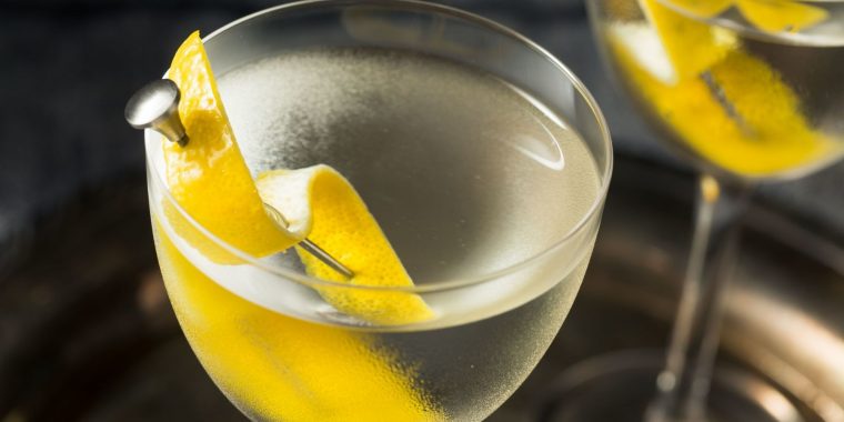 Close up of a Reverse Martini with orange peel