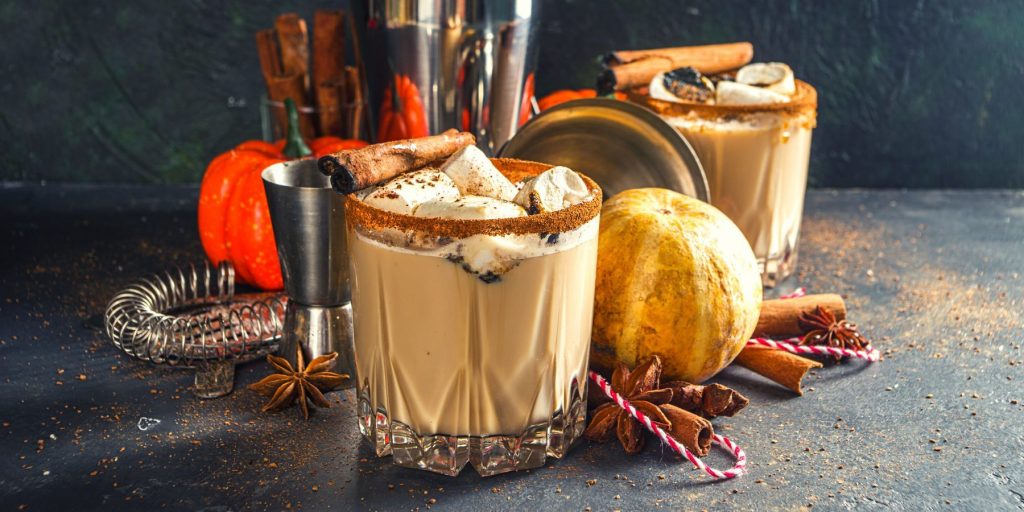 Indulgent Hot Pumpkin Pie drinks with marshmallows and cinnamon