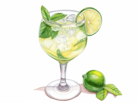 Classic color pencil illustration of a Hugo Spritz cocktail