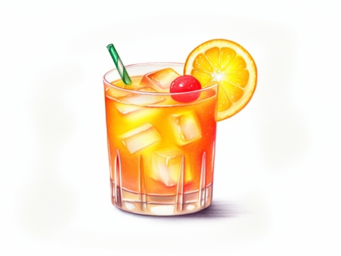 Classic color pencil illustration of a Tequila Sunrise cocktail