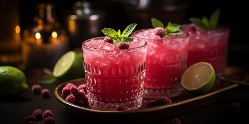 A row of Watermelon Gin cocktails in a bar setting