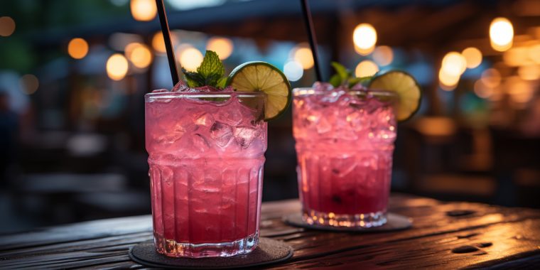 Two Watermelon Tequila cocktails in a beach bar setting