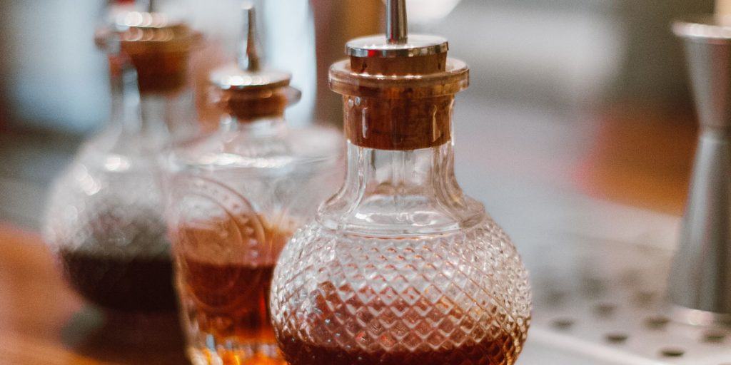Old glass bottles filled with bitters