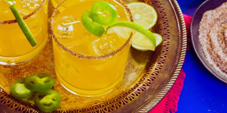 Spicy Jalapeno Margarita in chili salt-rimmed glass