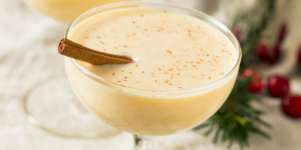 Close-up of Eggnog Martini garnished with cinnamon stick