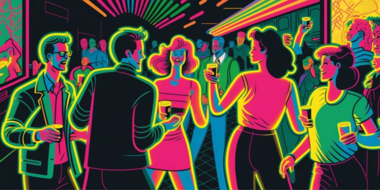 A colorful illustration of a 90s party with people drinking and dancing