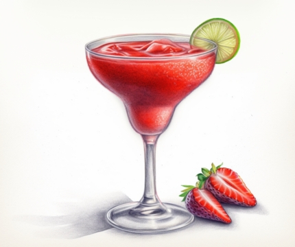 Classic color pencil illustration of a Strawberry Daiquiri Mocktail