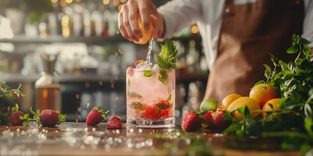 Close view of a home mixologist making a sustainable cocktail using seasonal strawberries