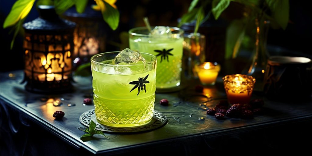 Two bright green Swamp Water cocktails for Halloween