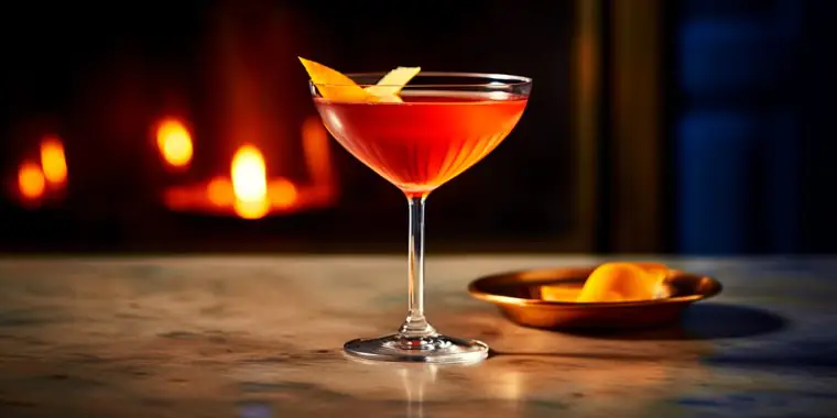 Paper plane cocktail served in front of a crackling fire