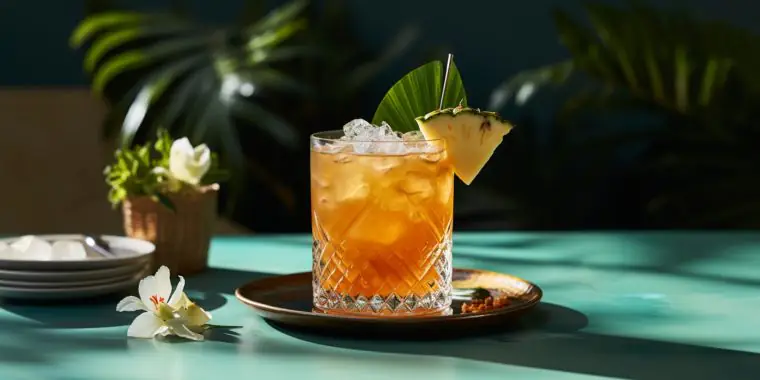 Jungle Bird cocktail with fresh pineapple wedge garnish