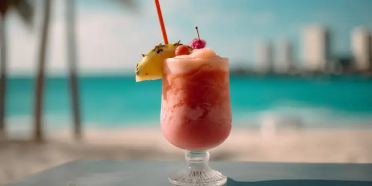 Miami Vice Cocktail with beach in the background
