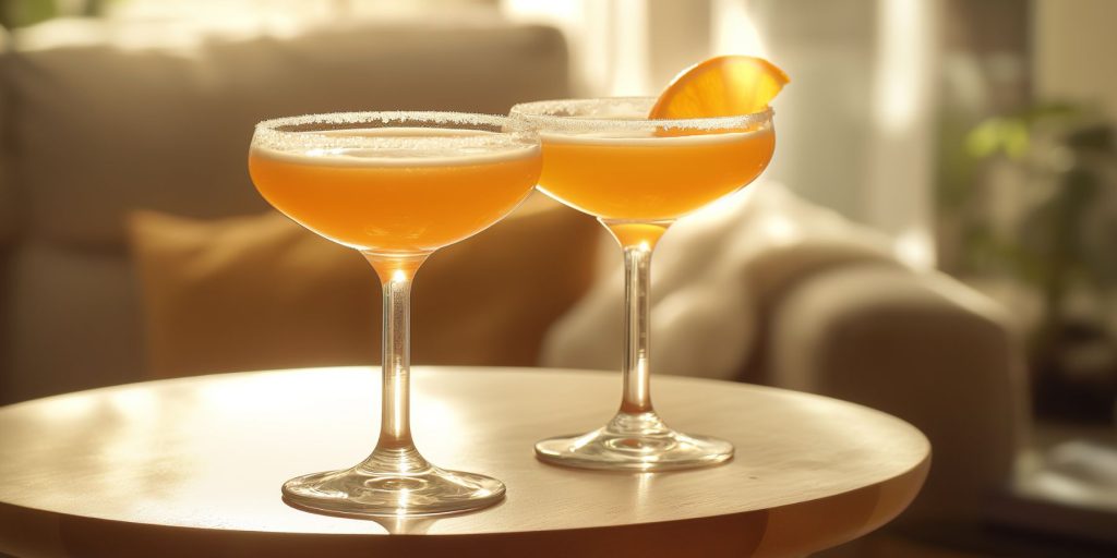 Two Vodka Sidecar cocktails on a table in a modern lounge in daytime