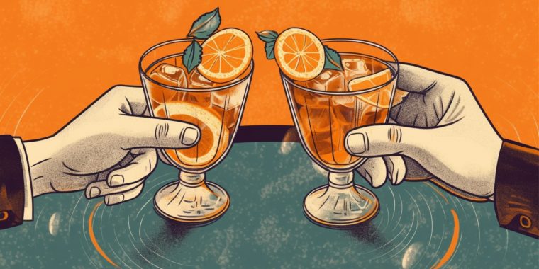 Classic illustration of 2 hands clinking together orange liqueur cocktails