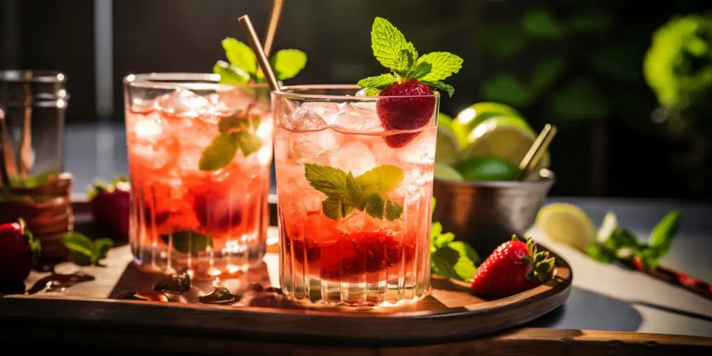 Two Strawberry Mojito mocktails with fresh strawberry and mint garnish