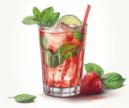 Classic color pencil illustration of a Strawberry Mojito Mocktail