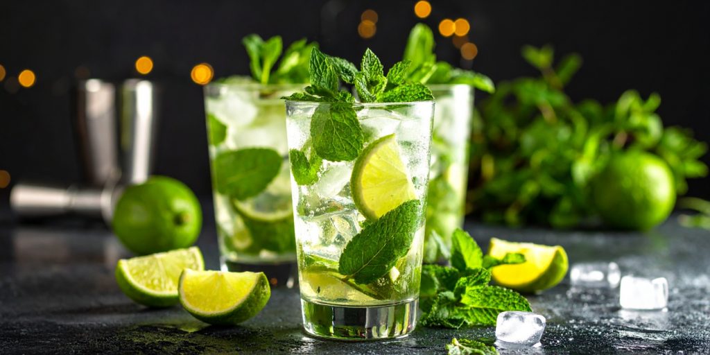 Close up of three Virgin Mojito mocktails