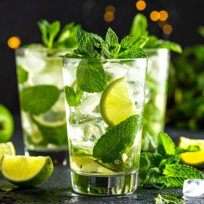 Close up of three Virgin Mojito mocktails