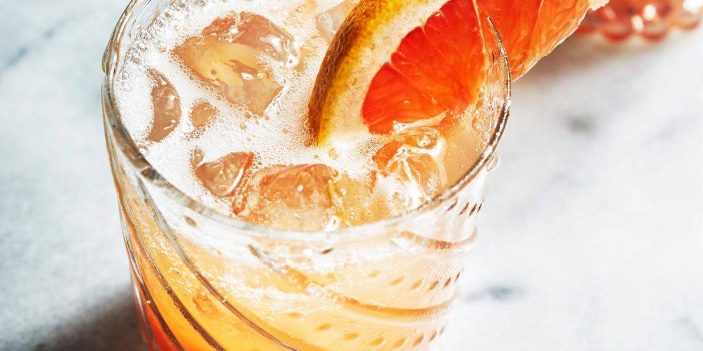 A ginger beer paloma in a glass from above