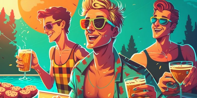 Colorful illustration of three friends at a pool party enjoying beer cocktails