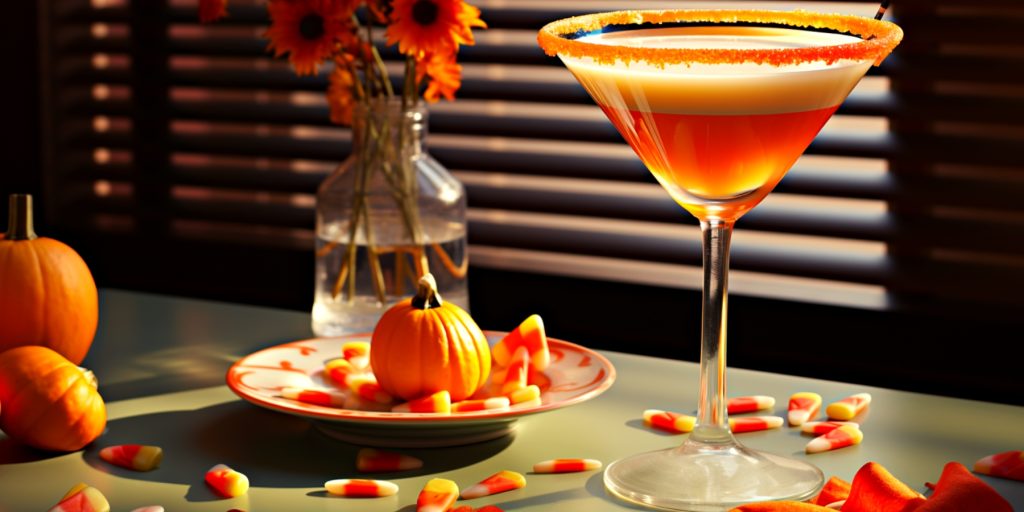 Festive Candy Corn Martini cocktail with candy corn garnish on the rim.
