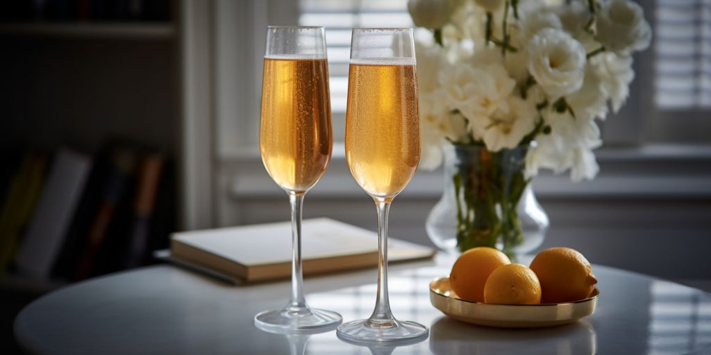 Two Classic Champaign cocktails on a table in a light bright home living room environment
