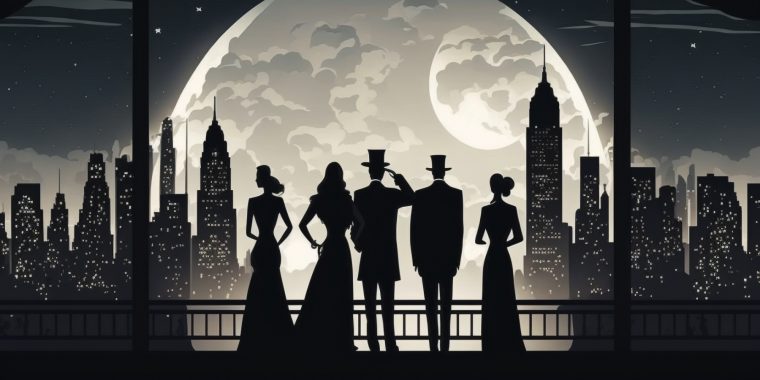 A silhouette style illustration of people in cocktail attire watching the full moon in New York