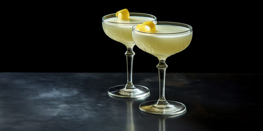 Two Corpse Revival cocktails on a dark granite surface against a dark backdrop