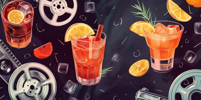 Colour illustration of various cocktails on a black and white background showing film reels and other movie memorabilia