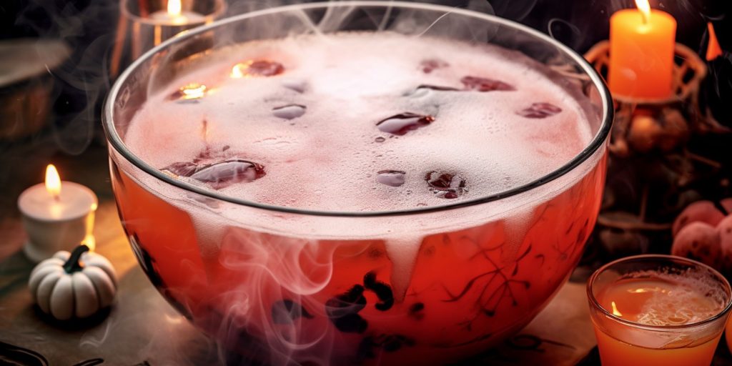 A spooky bowl of Halloween punch on a kitchen table, surrounded by Halloween decorations