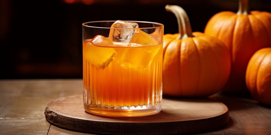 A Pumpkin Old Fashioned in a rocks glass on a wooden table with whole pumpkins in the background