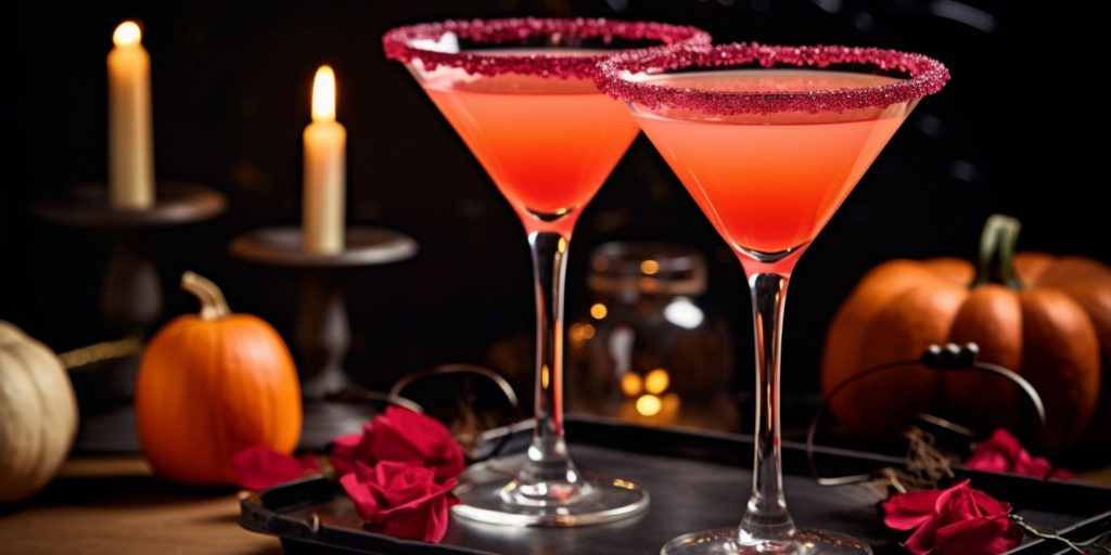 Two Vampire Kiss Cocktails rimmed with grenadine and granulated sugar, on a table against a dark backdrop surrounded by Halloween decorations