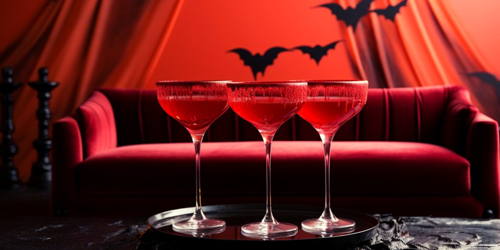 Three Vampire Kiss Cocktails rimmed with grenadine and granulated sugar, on a table against a red backdrop and halloween decor
