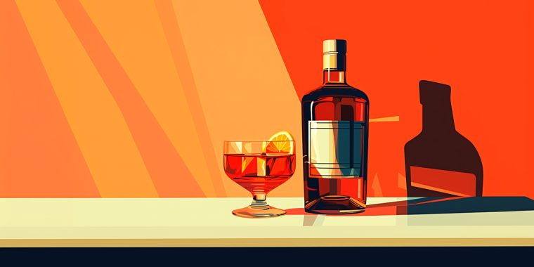 Classic illustration of a bottle of vermouth next to a Negroni cocktails