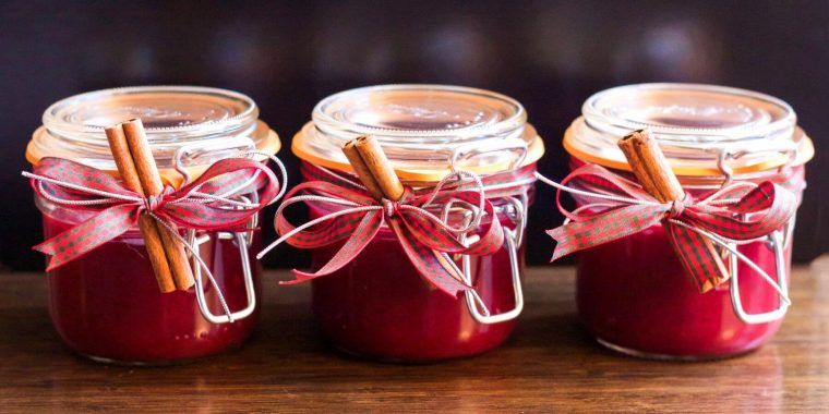 Edible Christmas gifts jars with ribbon and cinnamon