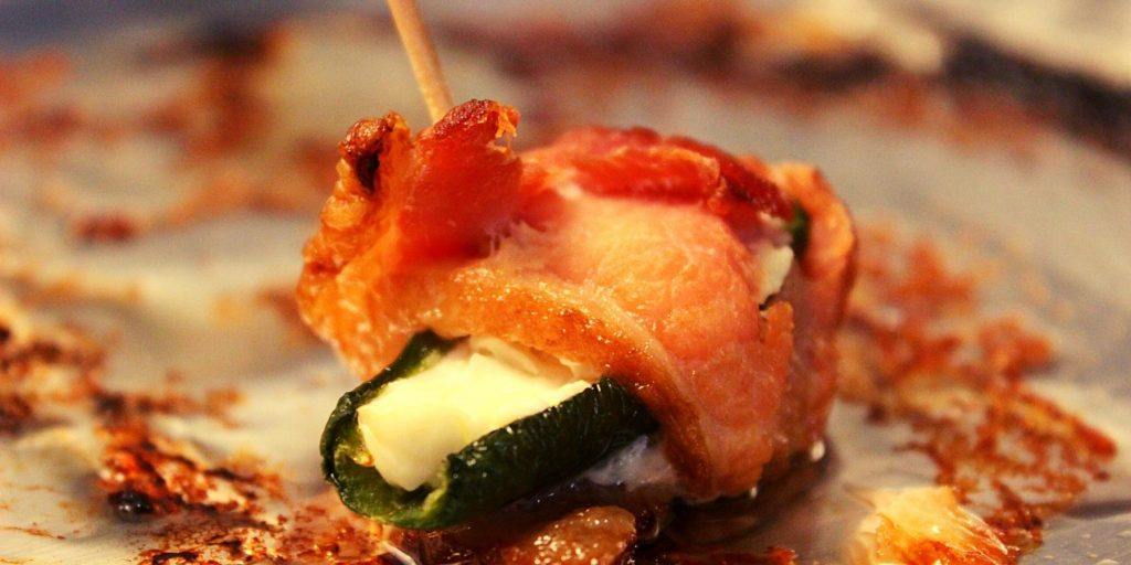 Close-up of bacon-wrapped Jalapeño appetizer