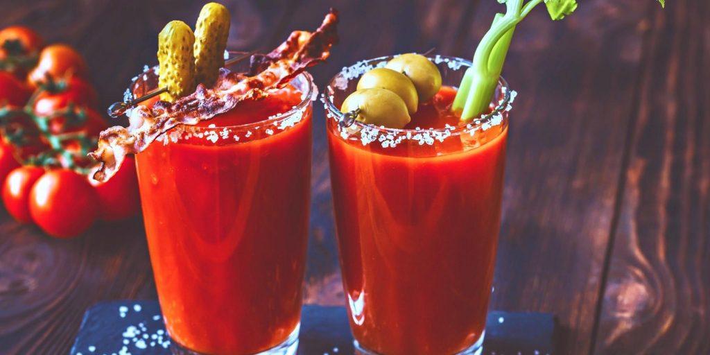 Kimchi Bloody Mary with bacon, pickle and celery garnish