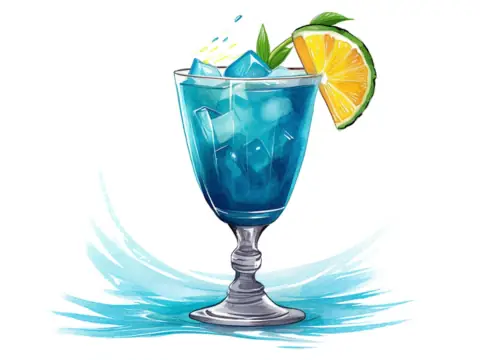 Classic color pencil illustration of a Blue Hawaiian cocktail