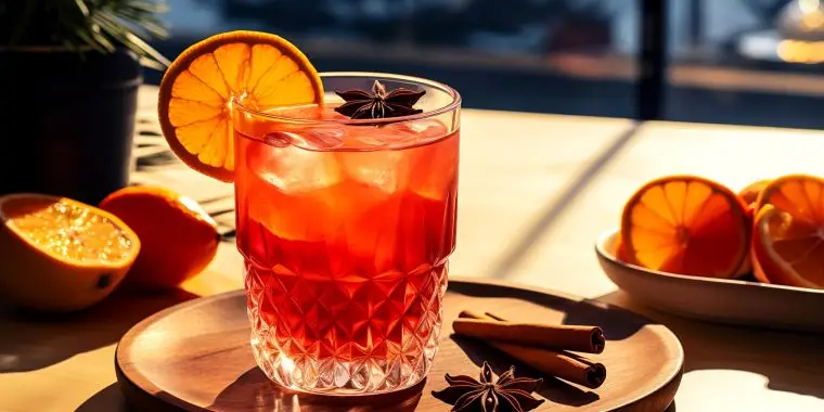 Close-up of a Christmas Negroni cocktail with cinnamon, star anise and orange