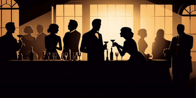 Classic illustration of a Prohibition cocktail party