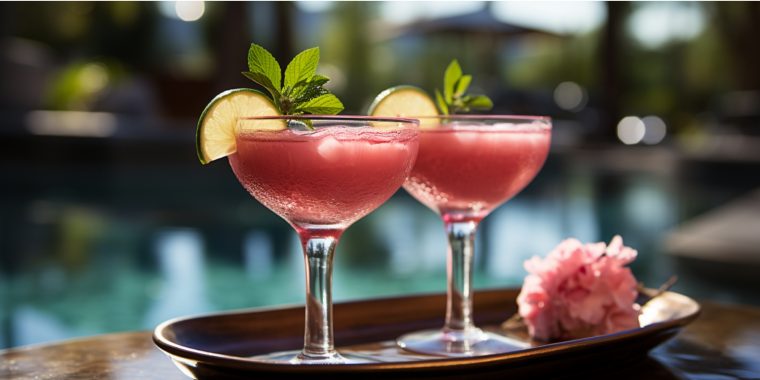 Two glasses of Watermelon Martini on a serving platter with a rose next to a pool on a sunny day