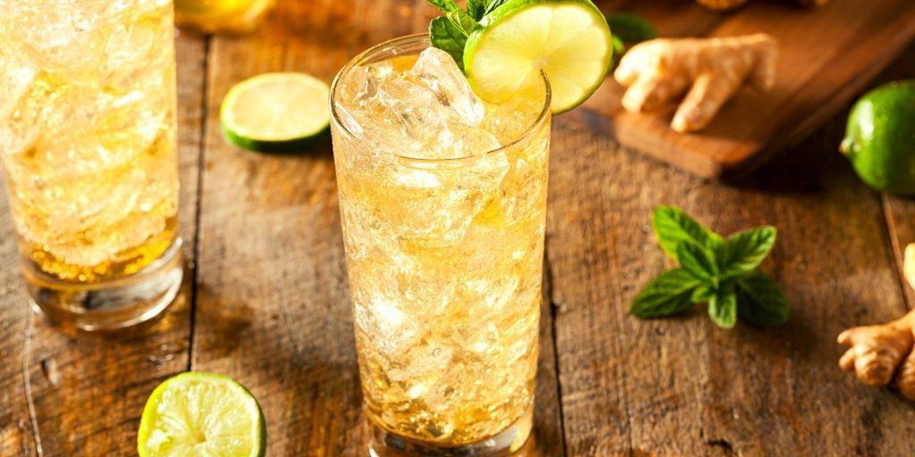 Ginger beer in ice-filled highball glasses 